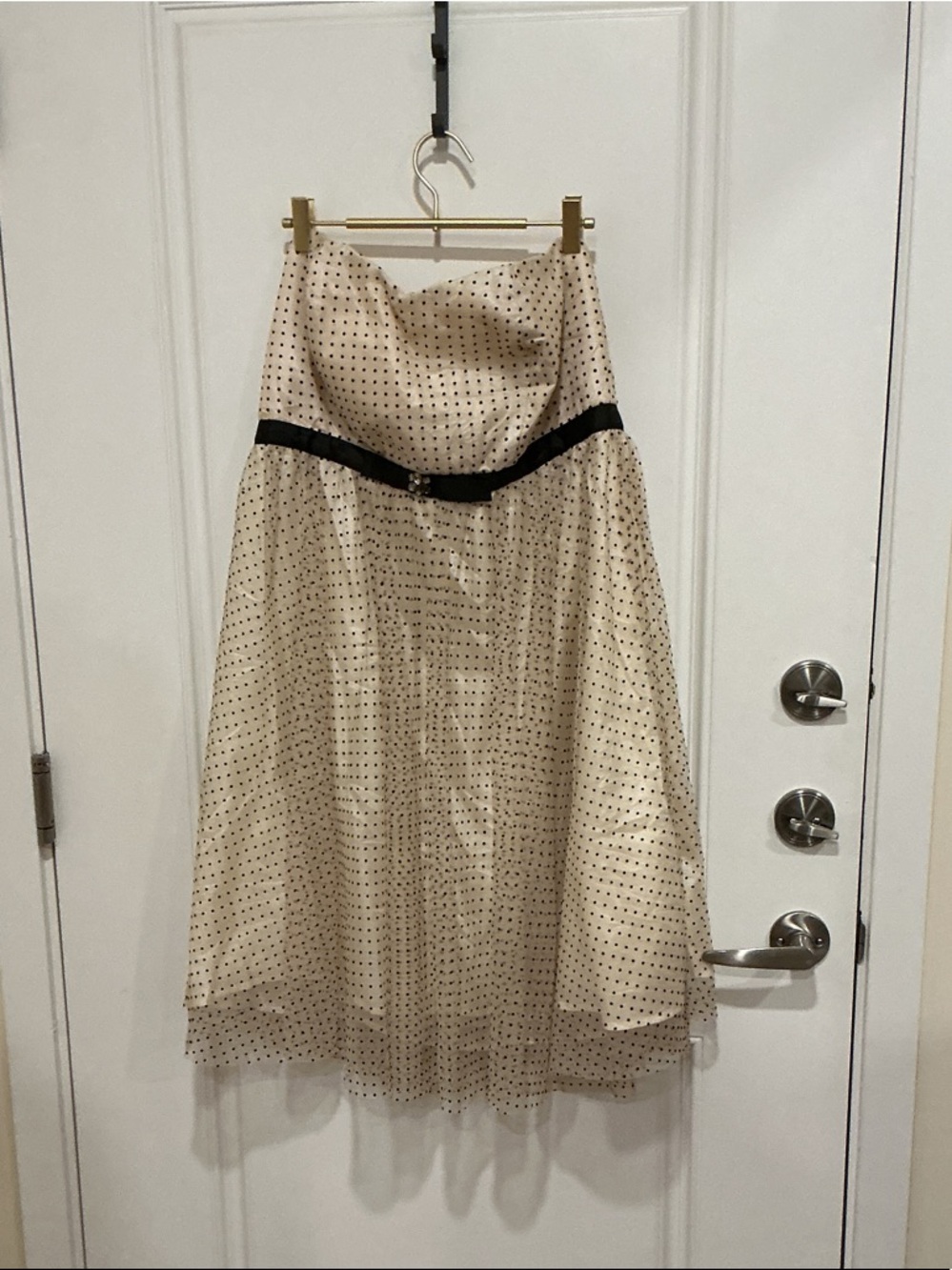 Strapless Polka Dot A-Line Dress with Black Waistband
